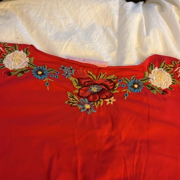 Johnny Was  red M in bordered short sleeved T-shirt. - Picture 6 of 7